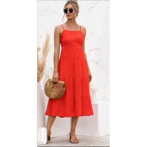 Free Assembly Red Dress Spaghetti Strap Smocked Bodice Tiered Midi M‎